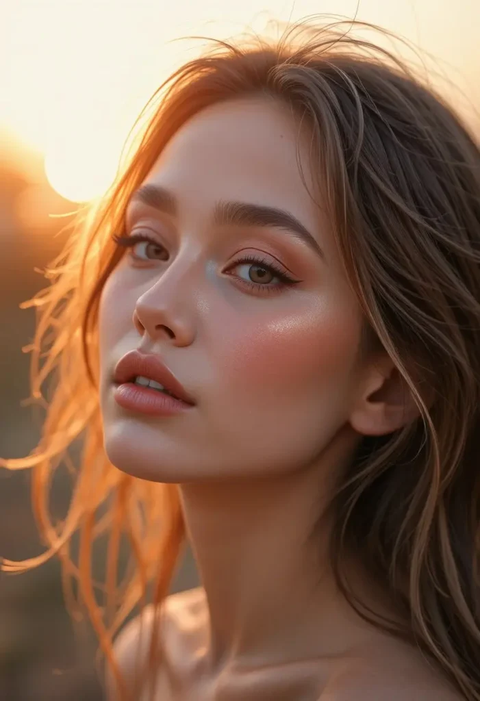 Close-up of a woman wearing a soft peach makeup look with glowing skin, blended peach eyeshadow, and glossy peach lips, showcasing natural sunset-inspired glamour.
