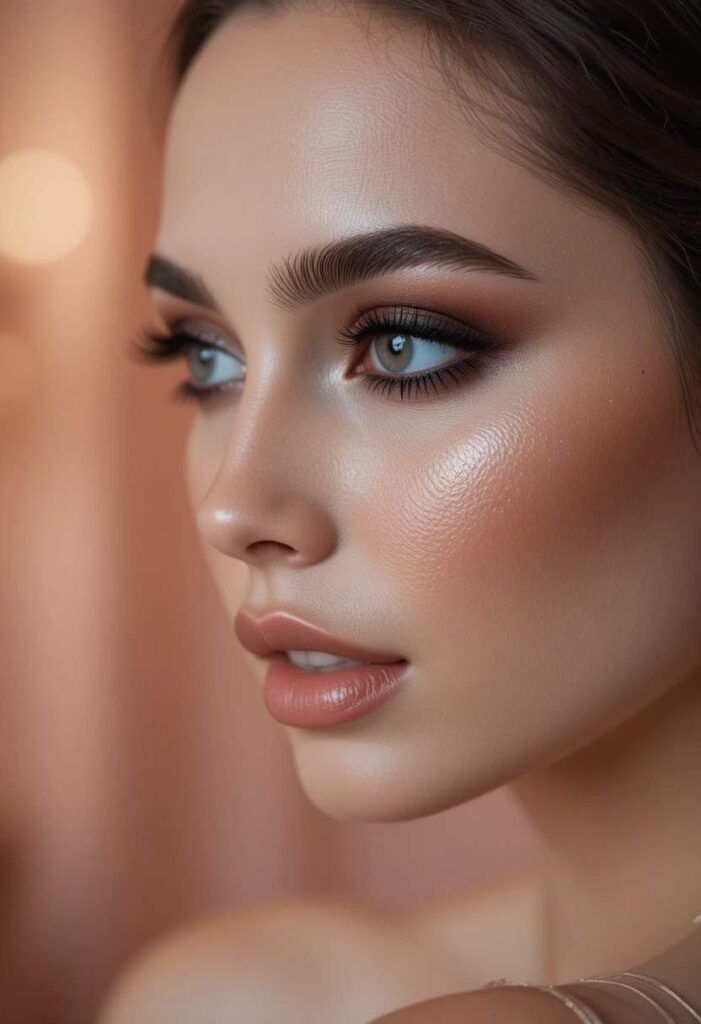 "Soft smokey eye makeup look featuring blended taupe and charcoal eyeshadow for a romantic, glamorous eye makeup idea"
