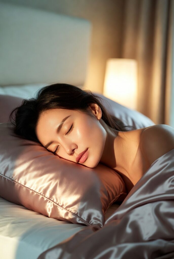 A glowing woman with dewy glass-like Korean skin surrounded by elegant skincare products including toners, serums, and botanicals, representing 20 Korean skin care ideas for a naturally radiant complexion.