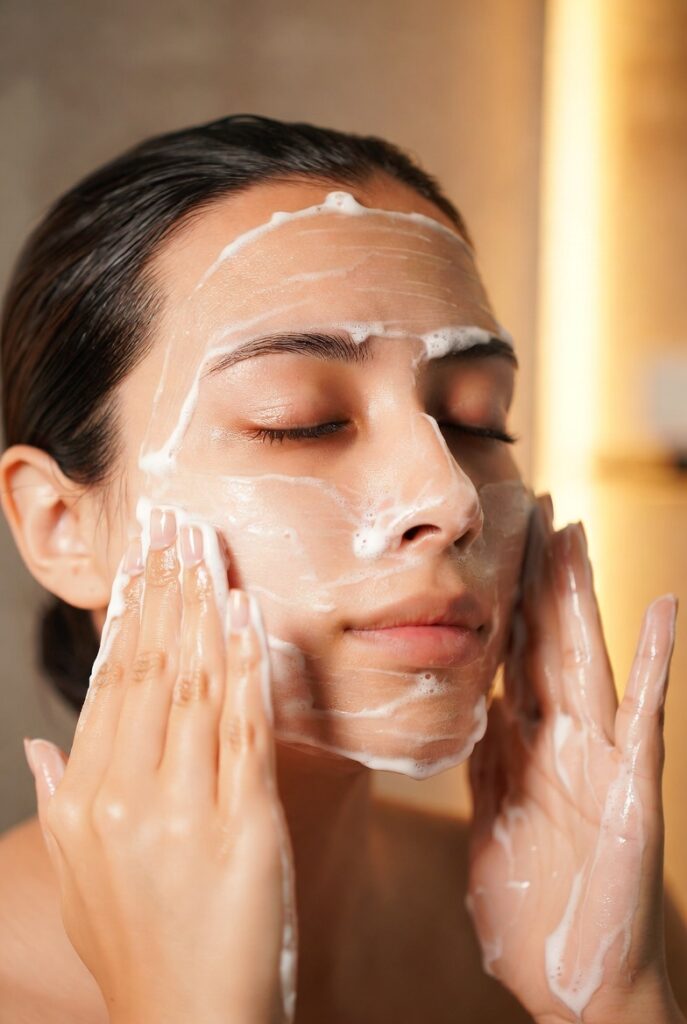 A glowing woman with dewy glass-like Korean skin surrounded by elegant skincare products including toners, serums, and botanicals, representing 20 Korean skin care ideas for a naturally radiant complexion.