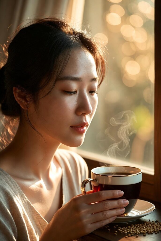 A glowing woman with dewy glass-like Korean skin surrounded by elegant skincare products including toners, serums, and botanicals, representing 20 Korean skin care ideas for a naturally radiant complexion.