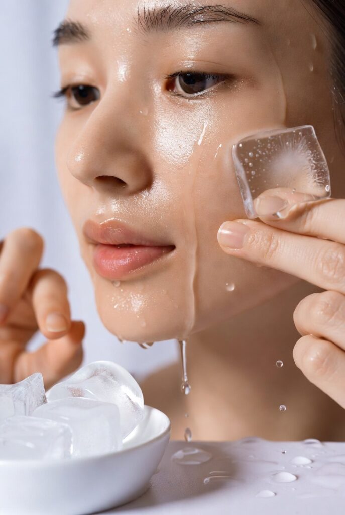 A glowing woman with dewy glass-like Korean skin surrounded by elegant skincare products including toners, serums, and botanicals, representing 20 Korean skin care ideas for a naturally radiant complexion.