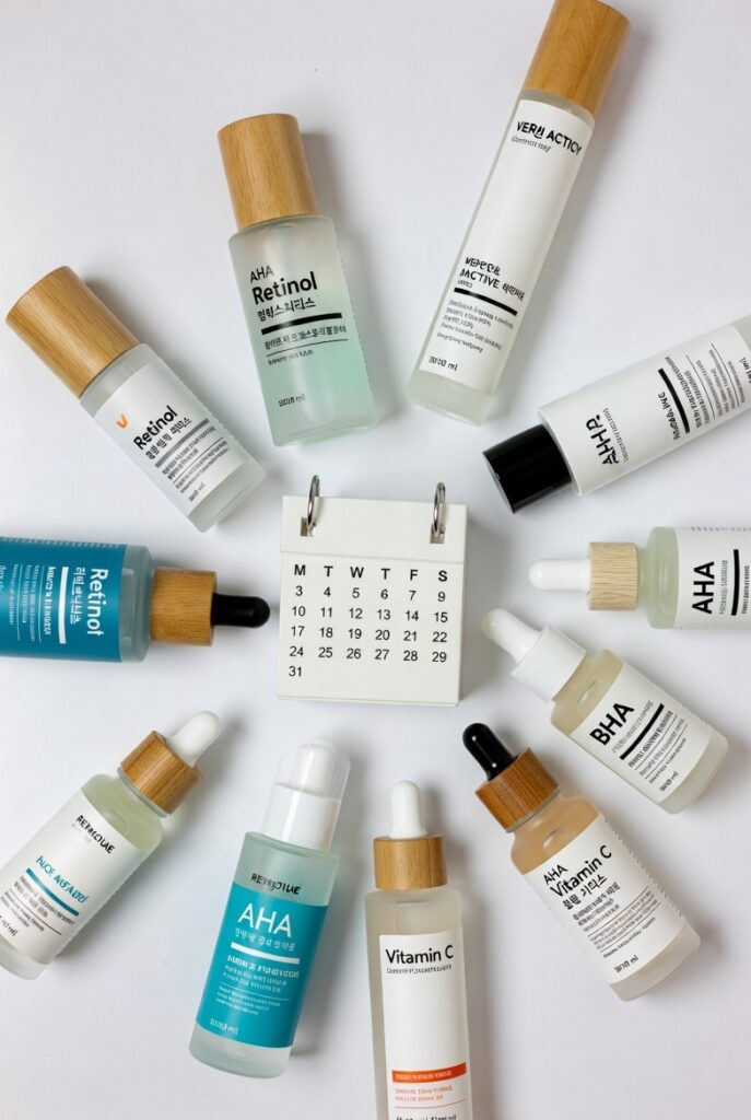 A glowing woman with dewy glass-like Korean skin surrounded by elegant skincare products including toners, serums, and botanicals, representing 20 Korean skin care ideas for a naturally radiant complexion.