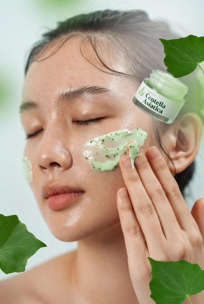 A glowing woman with dewy glass-like Korean skin surrounded by elegant skincare products including toners, serums, and botanicals, representing 20 Korean skin care ideas for a naturally radiant complexion.