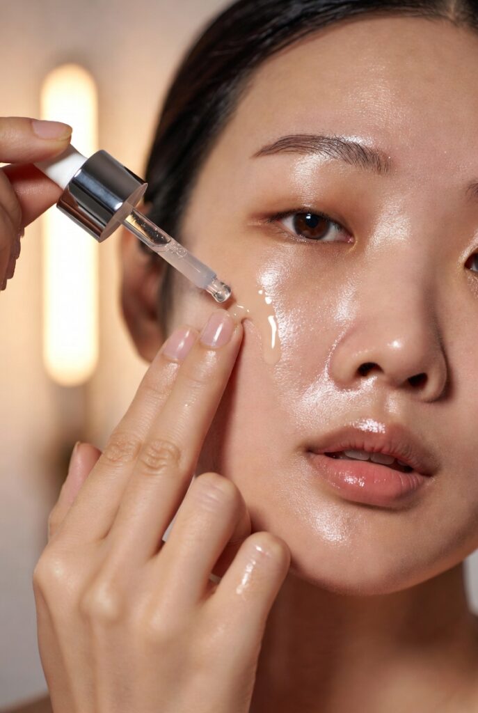 A glowing woman with dewy glass-like Korean skin surrounded by elegant skincare products including toners, serums, and botanicals, representing 20 Korean skin care ideas for a naturally radiant complexion.