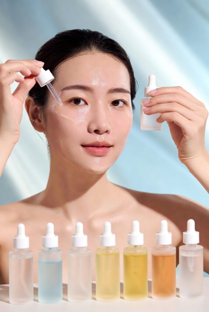 A glowing woman with dewy glass-like Korean skin surrounded by elegant skincare products including toners, serums, and botanicals, representing 20 Korean skin care ideas for a naturally radiant complexion.