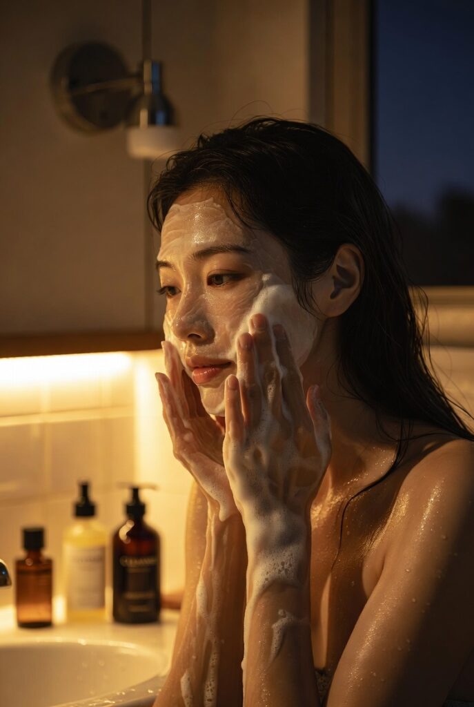 A glowing woman with dewy glass-like Korean skin surrounded by elegant skincare products including toners, serums, and botanicals, representing 20 Korean skin care ideas for a naturally radiant complexion.
