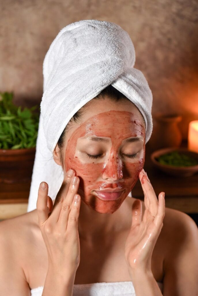 A glowing woman with dewy glass-like Korean skin surrounded by elegant skincare products including toners, serums, and botanicals, representing 20 Korean skin care ideas for a naturally radiant complexion.