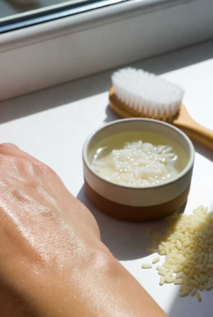 A glowing woman with dewy glass-like Korean skin surrounded by elegant skincare products including toners, serums, and botanicals, representing 20 Korean skin care ideas for a naturally radiant complexion.