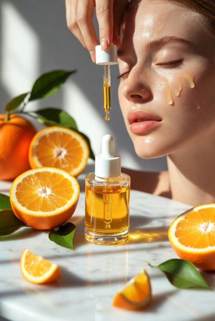 A glowing woman with dewy glass-like Korean skin surrounded by elegant skincare products including toners, serums, and botanicals, representing 20 Korean skin care ideas for a naturally radiant complexion.