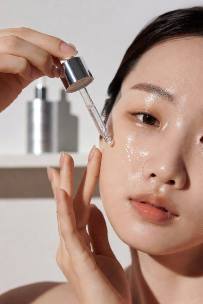 A glowing woman with dewy glass-like Korean skin surrounded by elegant skincare products including toners, serums, and botanicals, representing 20 Korean skin care ideas for a naturally radiant complexion.