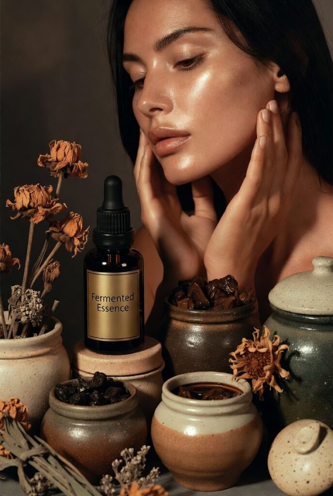 A glowing woman with dewy glass-like Korean skin surrounded by elegant skincare products including toners, serums, and botanicals, representing 20 Korean skin care ideas for a naturally radiant complexion.