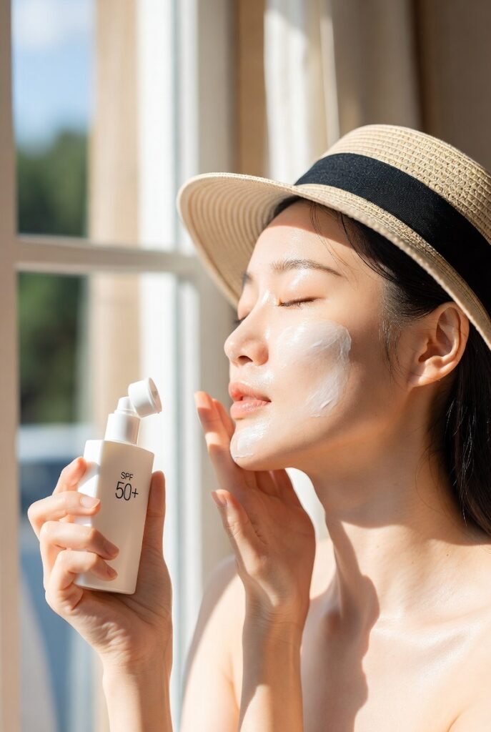 A glowing woman with dewy glass-like Korean skin surrounded by elegant skincare products including toners, serums, and botanicals, representing 20 Korean skin care ideas for a naturally radiant complexion.