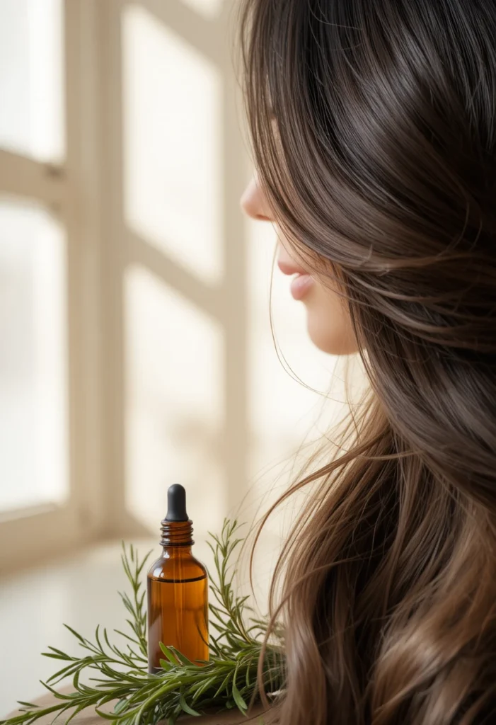 "Glass bottle of rosemary oil with fresh rosemary sprigs beside thick, healthy hair, illustrating natural rosemary oil benefits for hair growth."