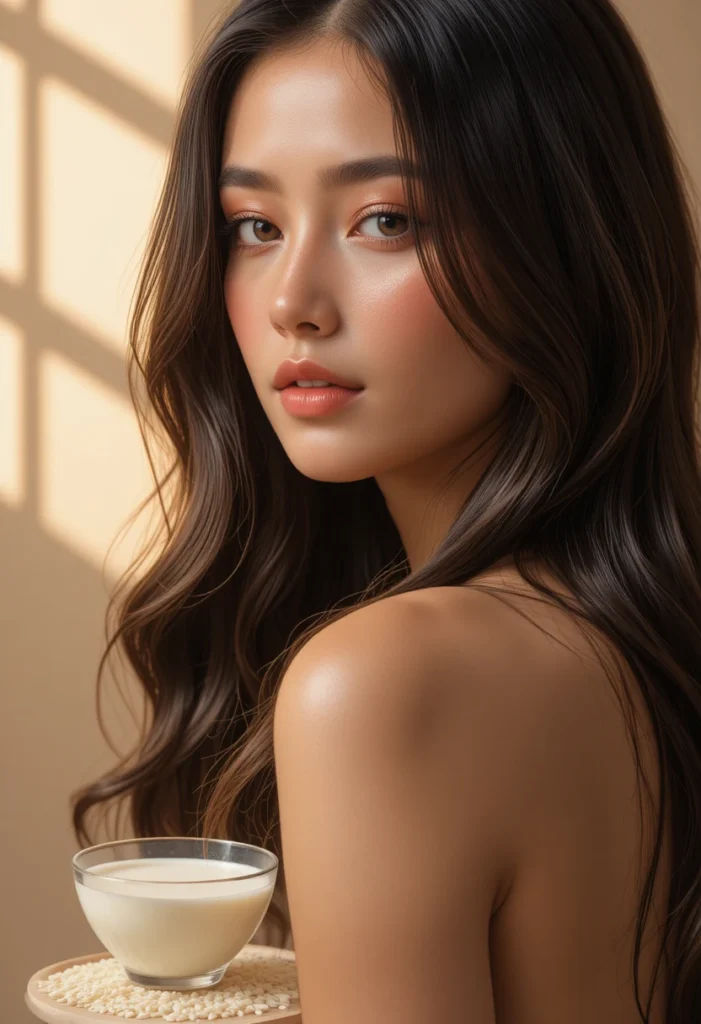 "Woman with long, shiny, healthy hair showing visible rice water for hair growth results and stronger, smoother strands"