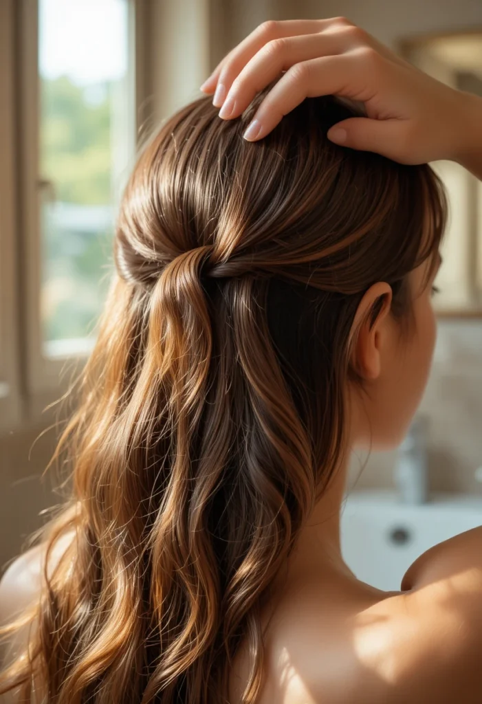 Woman performing a relaxing scalp massage to boost hair growth, blood circulation, and follicle health for fuller, thicker hair.
