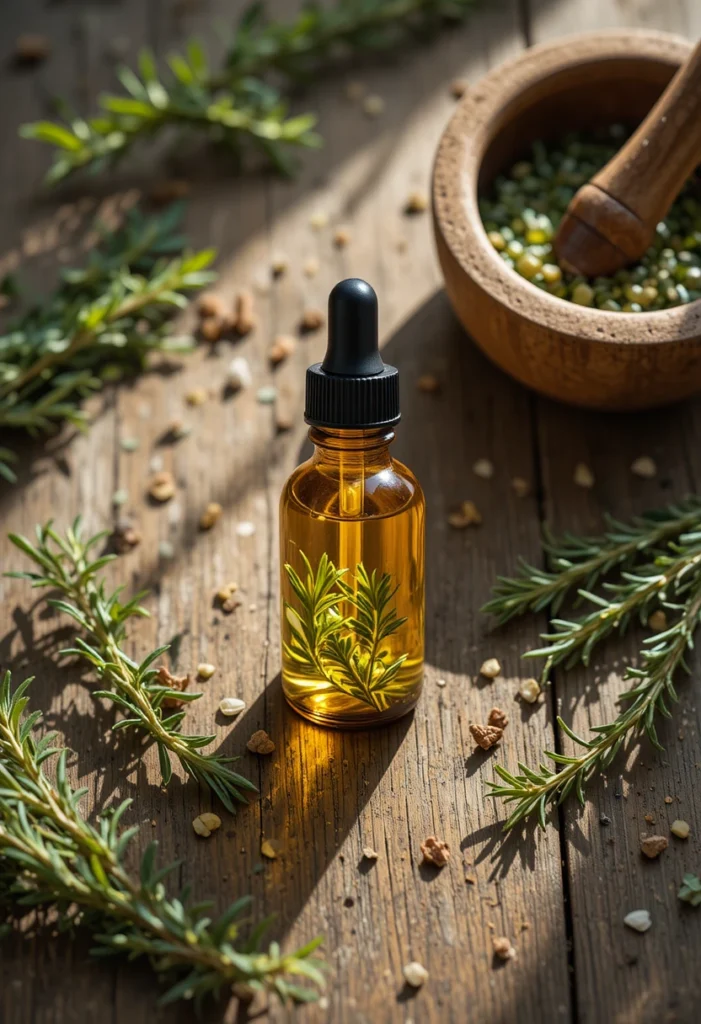 DIY rosemary hair growth serum in an amber glass dropper bottle surrounded by fresh rosemary sprigs, crafted for fuller, stronger hair.