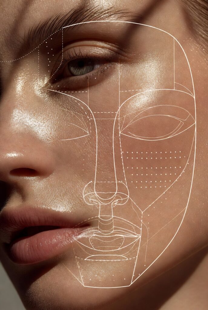 "Makeup placement face chart showing precise foundation, contour, blush, and highlighter zones for flattering, professional application"