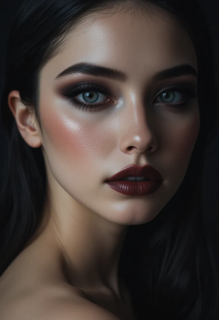 "Dark feminine makeup look featuring smoky black eyes and deep burgundy lips, showcasing mysterious and powerful beauty inspiration."