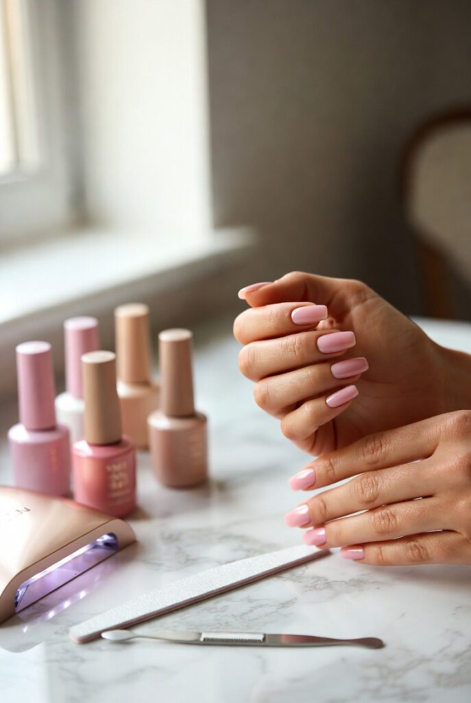 Beginner applying salon-quality gel nail polish at home using a UV lamp and gel nail kit for long-lasting, professional results.