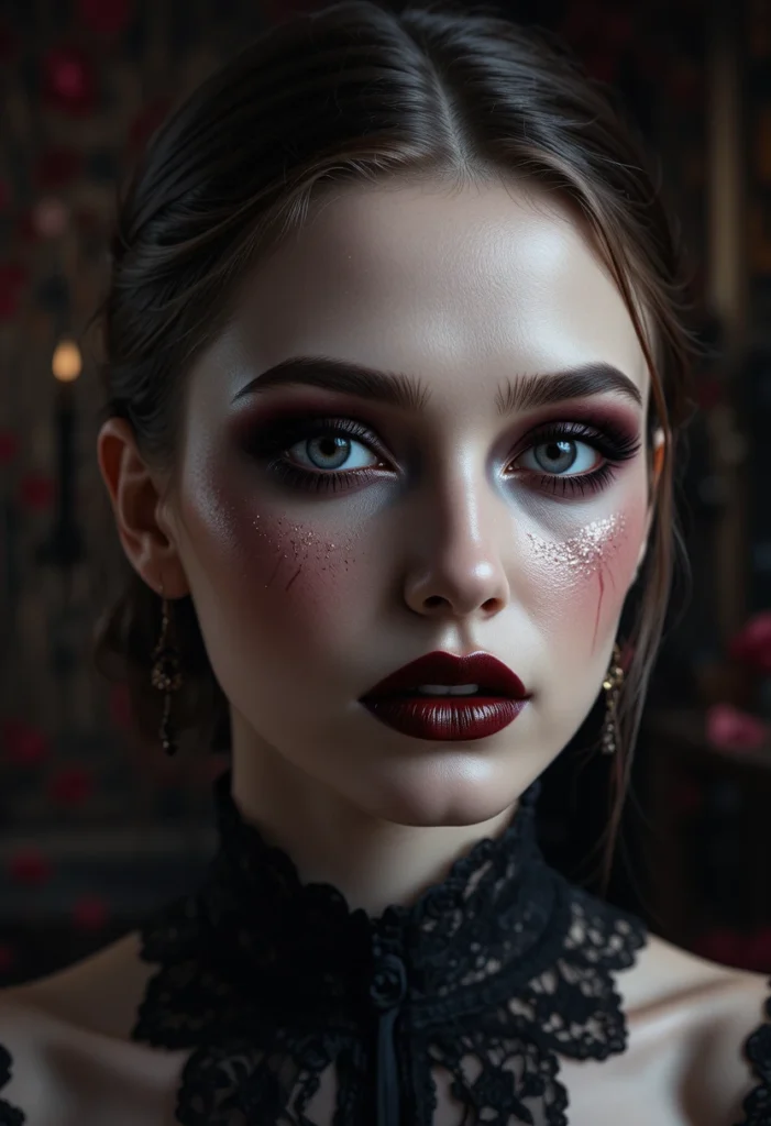 "Romantic goth makeup look featuring deep plum smokey eyes, oxblood lips, and dramatic dark feminine styling for gothic beauty inspiration."