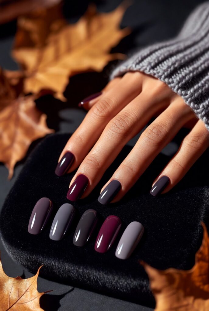 "Elegant manicured hand showcasing 10+ dark nail polish colors for fall and winter, including deep burgundy, black, emerald green, and plum shades for moody seasonal style."