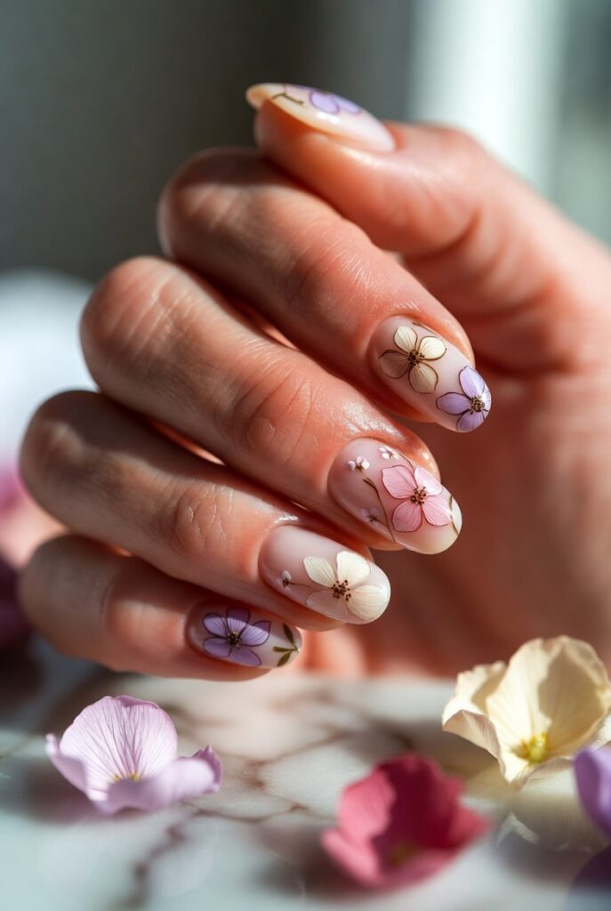 : Close-up of manicured nails featuring delicate floral nail art designs including daisies, roses, and cherry blossoms for a feminine, elegant manicure look.