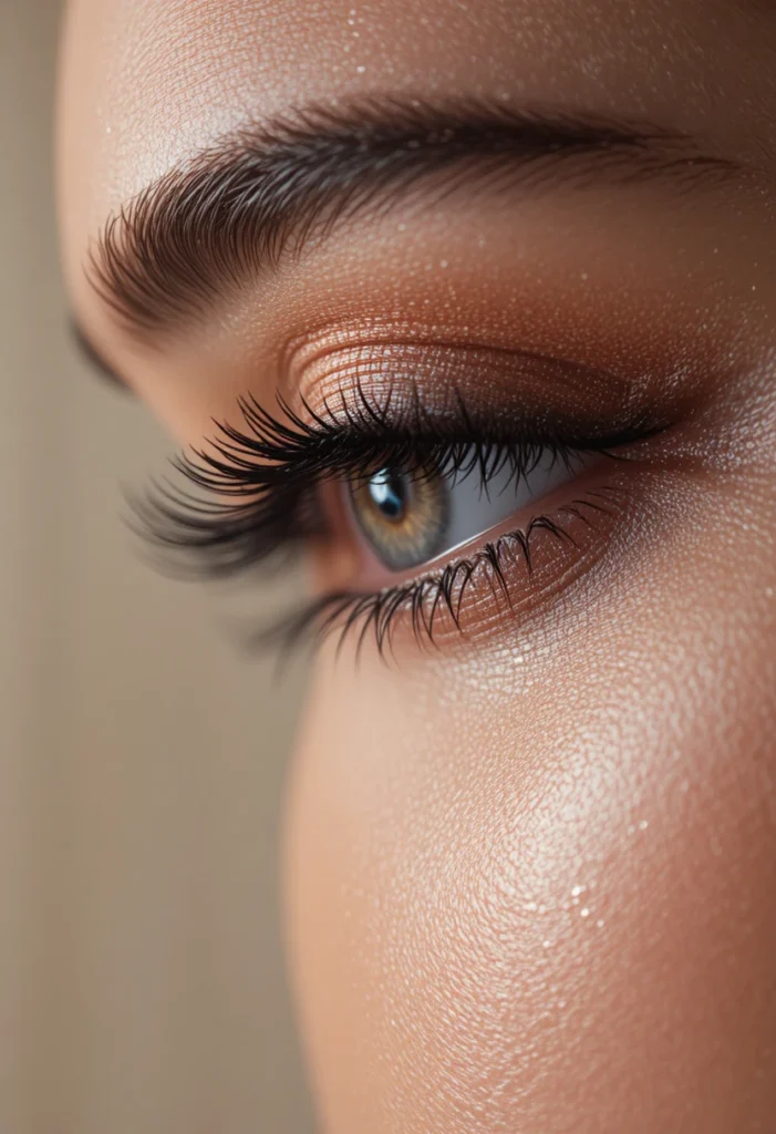 "Close-up of stunning eyelash extensions showcasing 21 eye-catching styles including volume, cat eye, and ombre lash designs for natural beauty."