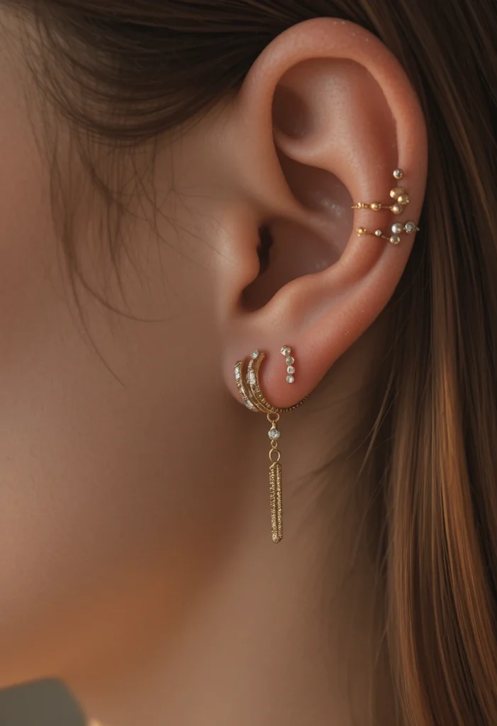 23 Double Helix Piercing Ideas – Stylish Ear Cartilage Jewelry Combinations with Studs, Hoops, and Gemstones"