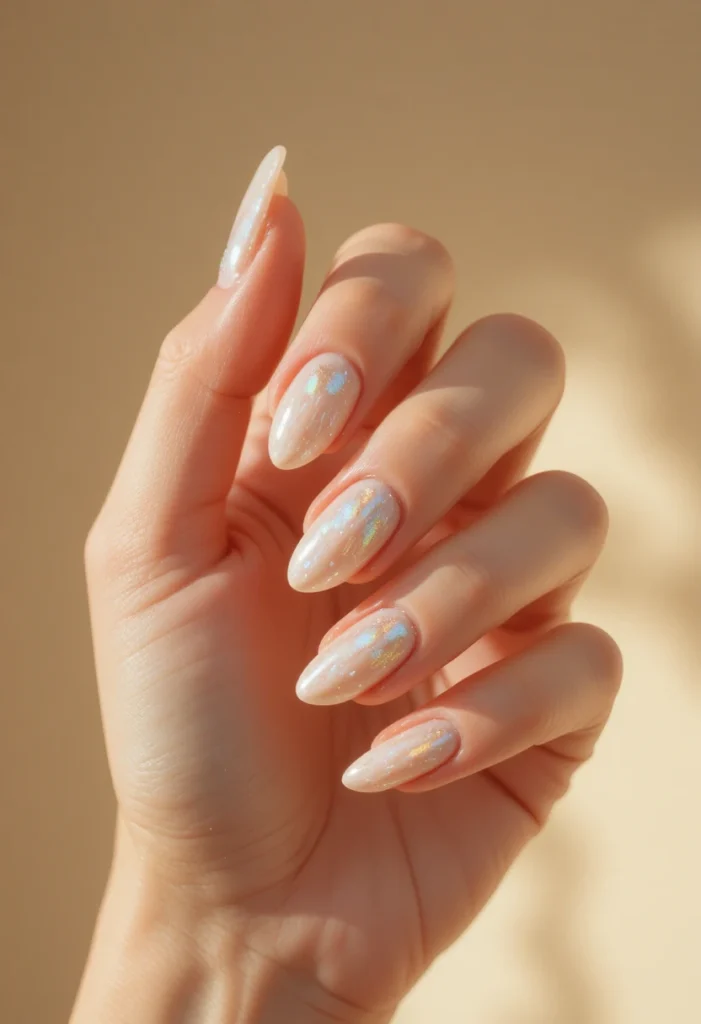 "Close-up of glazed donut chrome manicure nail design, inspired by Hailey Bieber nails trend, glossy pearlescent finish on almond-shaped nails"