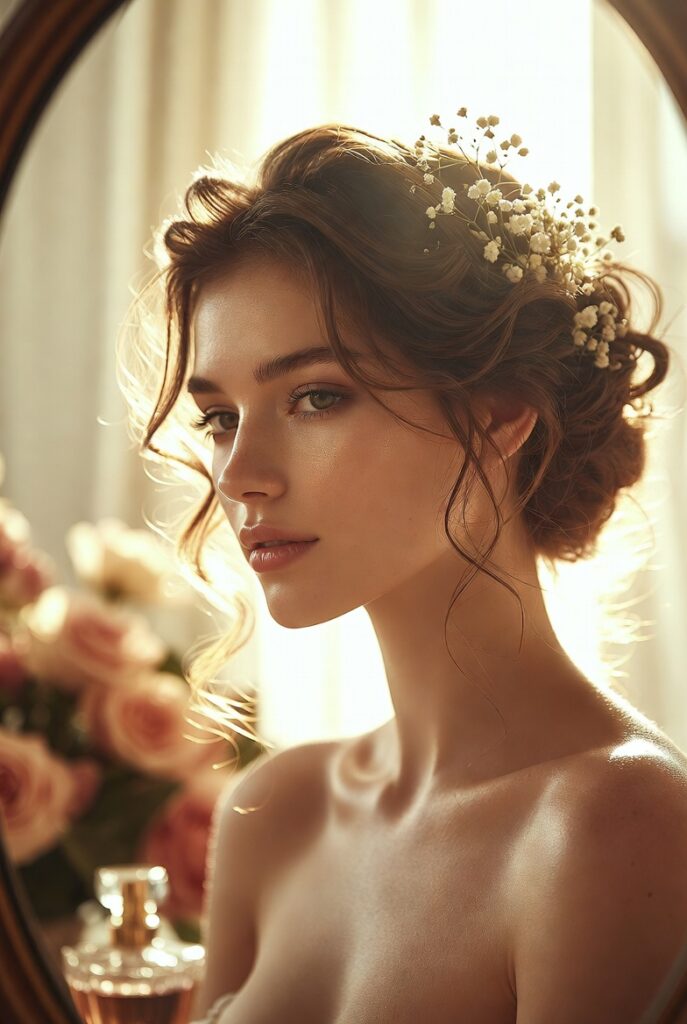 Bride with natural glowy wedding makeup showcasing radiant, fresh-faced dewy skin and soft bridal glam look.