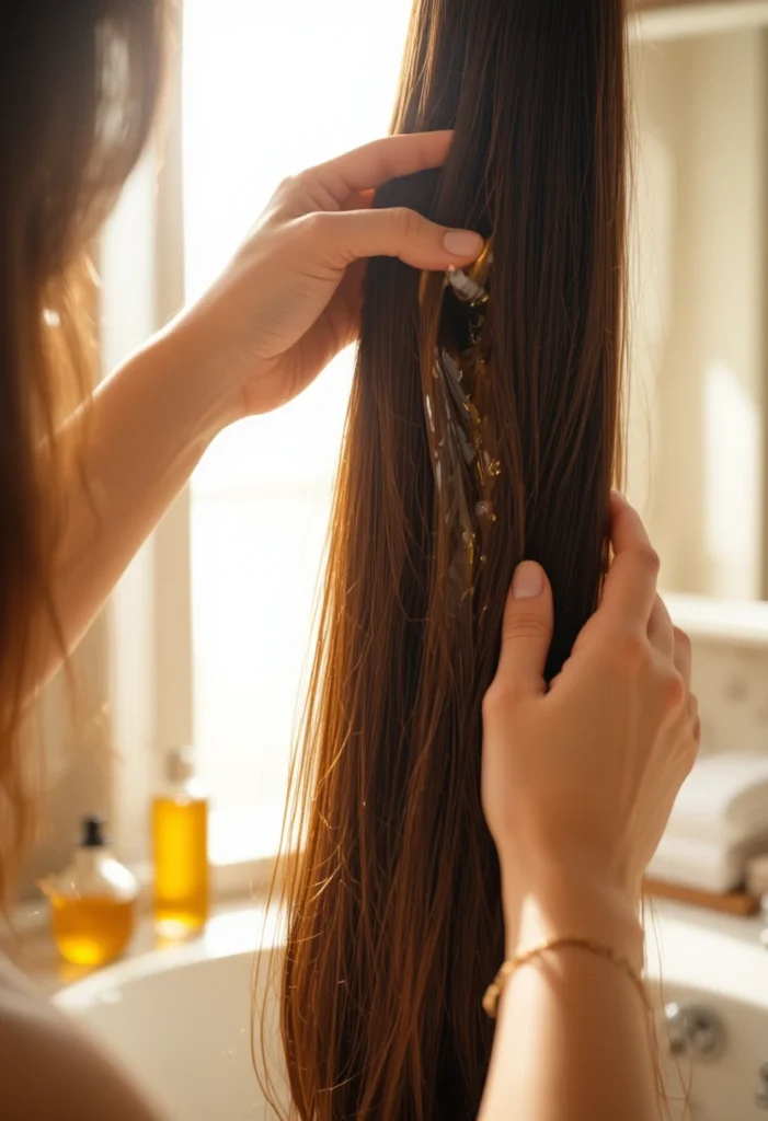 Woman applying pre-shampoo hair oil treatment to nourish and protect dry hair strands before washing.