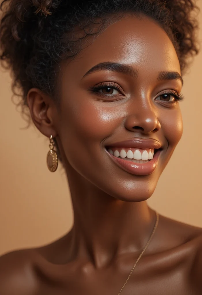 Close-up beauty portrait of a Black woman showcasing natural makeup looks with dewy glowing skin, soft bronzer, and warm neutral tones for effortless everyday beauty.