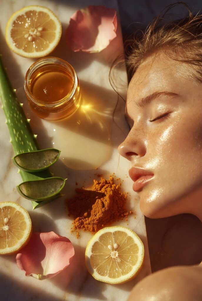Natural glow skin home remedies using honey, aloe vera, turmeric, and rose water for radiant, healthy skin