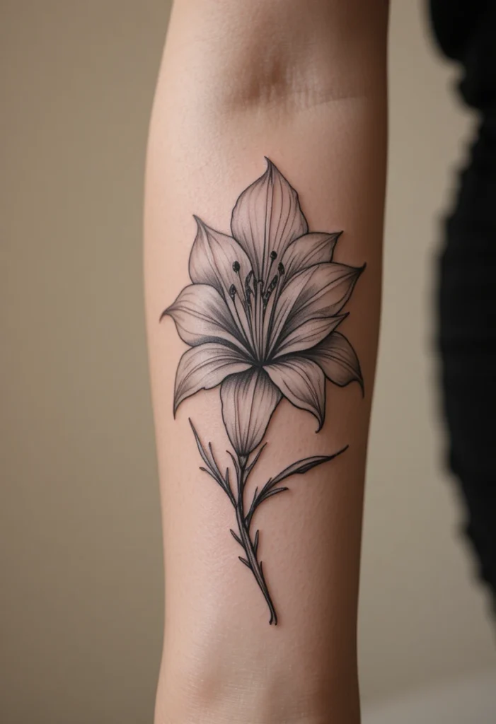 "Elegant lily flower tattoo designs showcasing 24 unique styles including watercolor, realistic, geometric, and minimalist lily ink ideas for forearm, thigh, and back placements."
