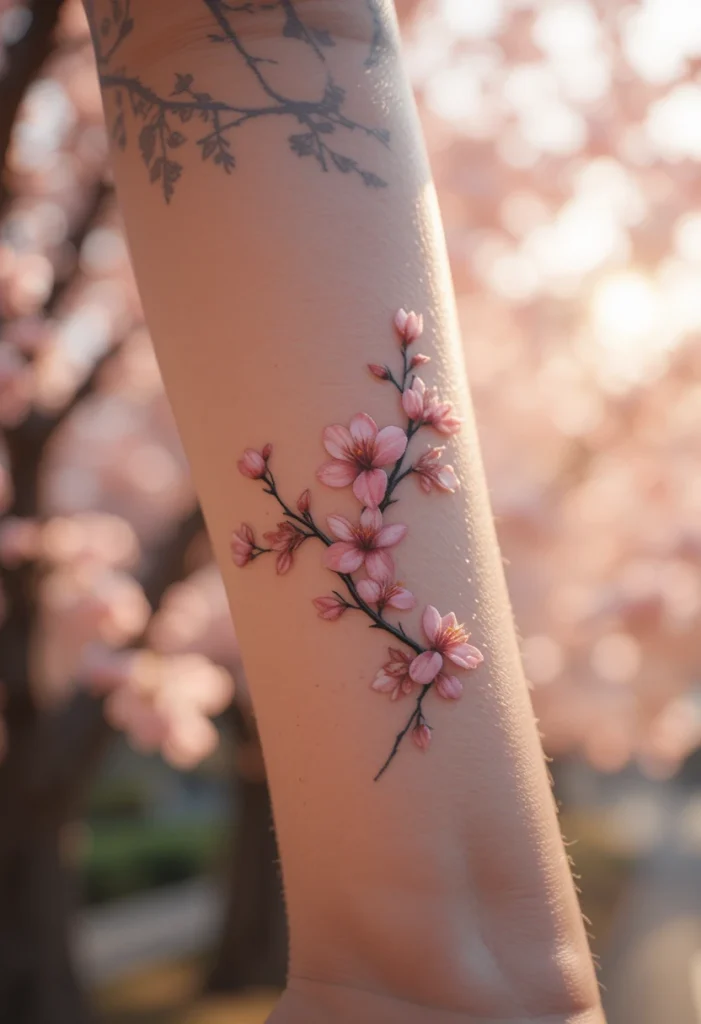 "Detailed sakura flower tattoo design on skin showcasing delicate cherry blossom branches, symbolizing ephemeral beauty and personal renewal — one of 22 stunning sakura tattoo ideas."
