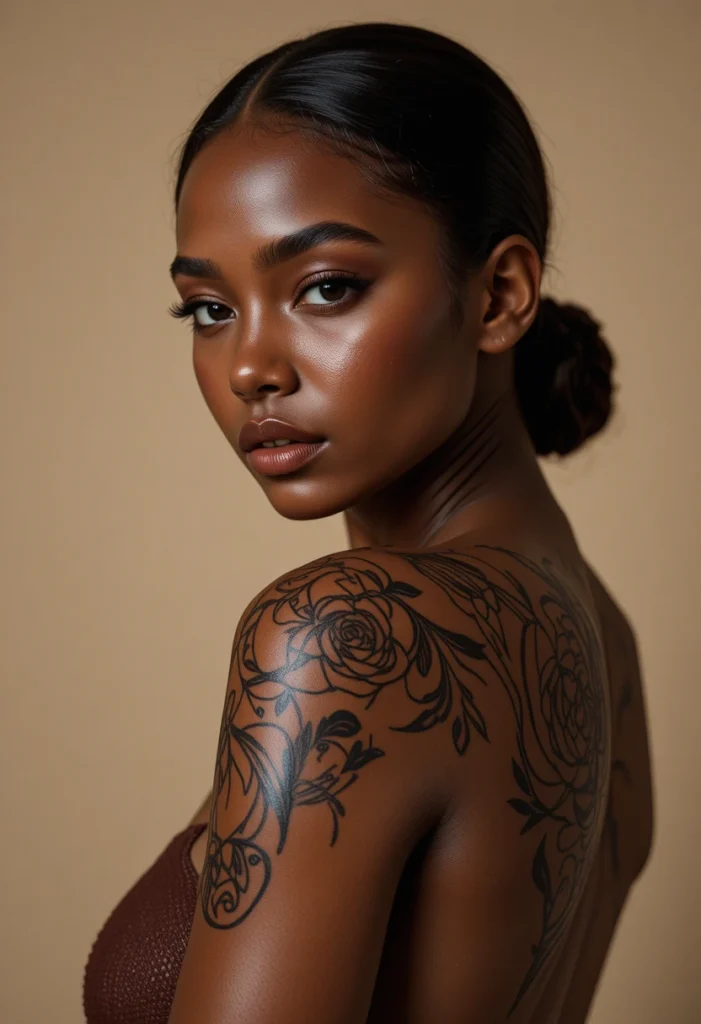 "Bold brown ink tattoo on brown skin showcasing rich pigment contrast and placement — tips for beautiful, lasting tattoos on melanin-rich skin."