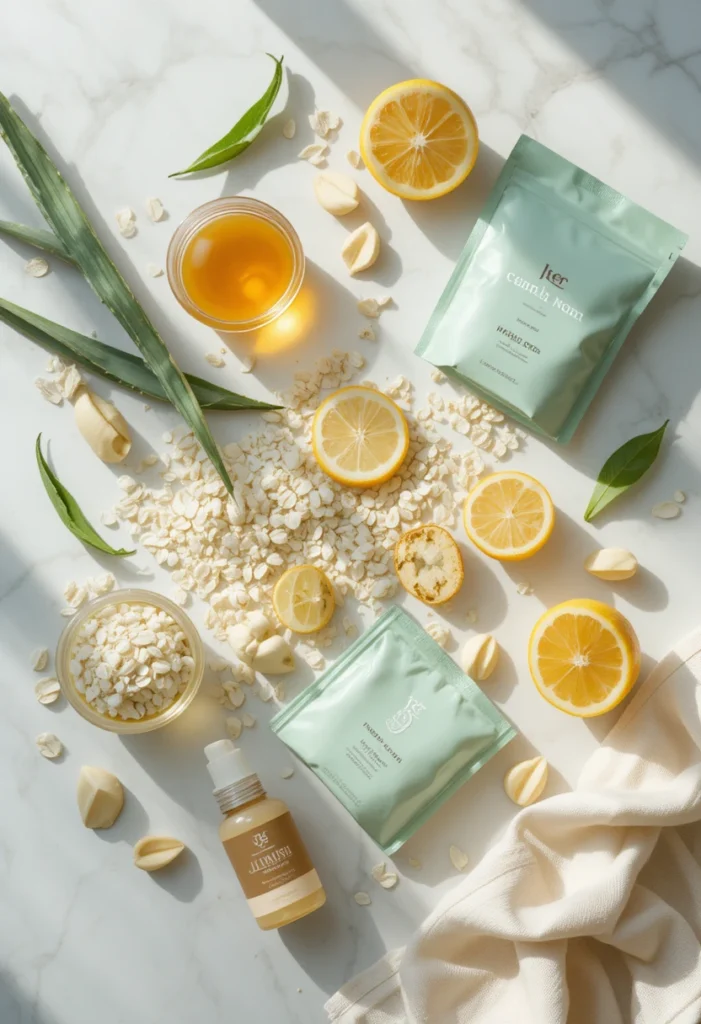 Flat-lay of affordable natural skincare ingredients like honey, oatmeal, aloe vera, and coconut oil for budget-friendly skin care routine"