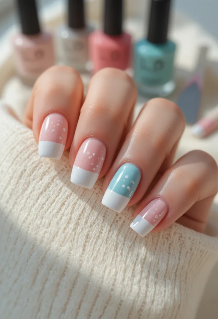 Cute short nail designs featuring pastel solids, delicate French tips, and playful dot patterns for adorable petite nail inspiration.