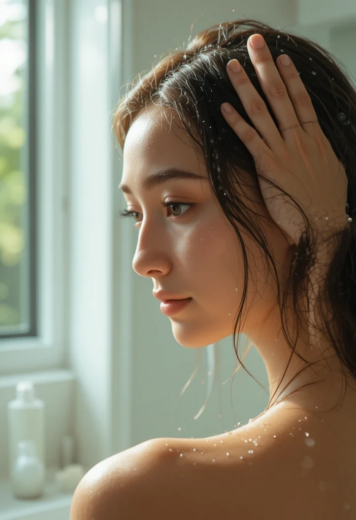 "Woman performing a hair detox scalp treatment with natural ingredients for healthy, vibrant hair and clean roots"