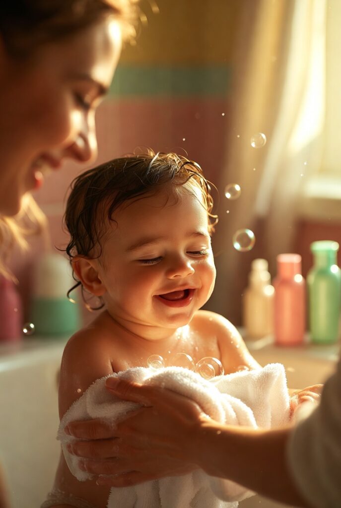 Parent gently caring for child's sensitive skin with mild skincare essentials, illustrating kids skin care tips for healthy, protected skin."