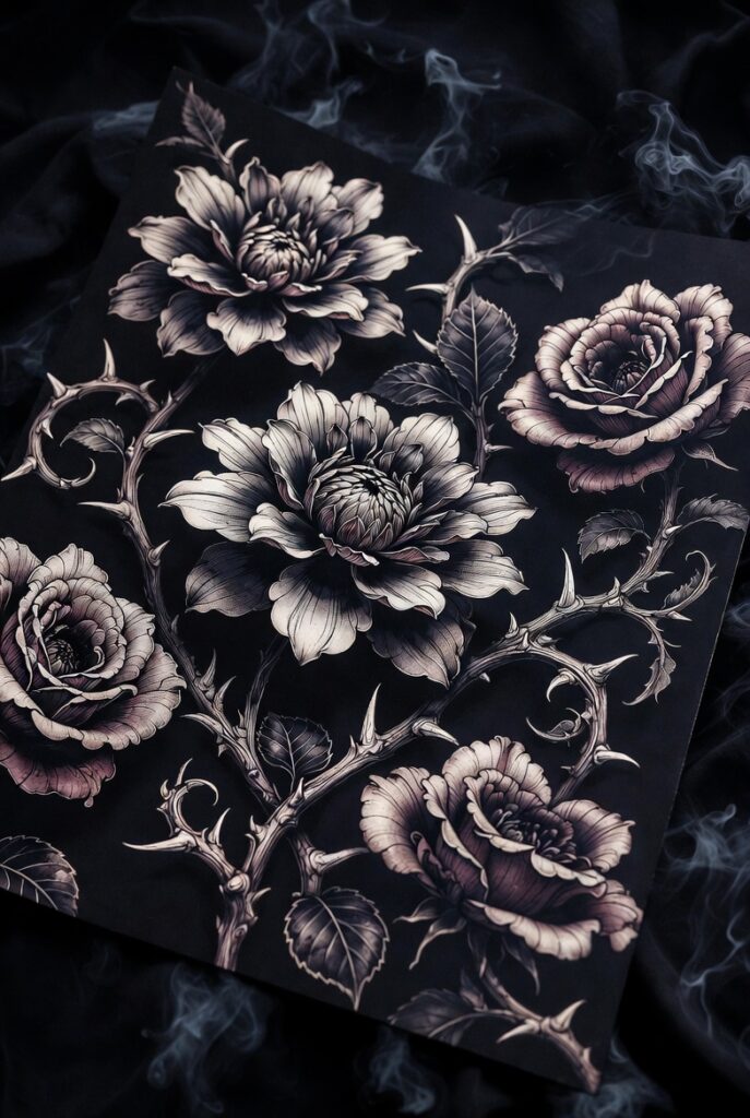 Botanical noir tattoo art featuring a black dahlia, withered rose, and dark gothic florals symbolizing dark elegance and nature's mysterious side.