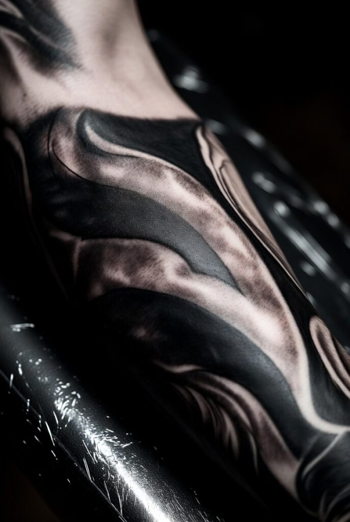 "Dark blackwork coverup tattoo design featuring bold shading and intricate linework, showcasing creative ideas to reclaim skin with striking dark tattoo art."
