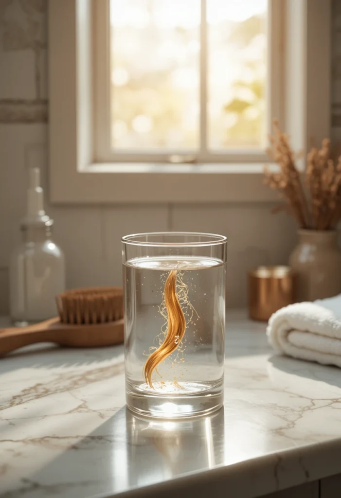"Close-up of a hair strand floating in water during a hair porosity test at home to determine hair type"