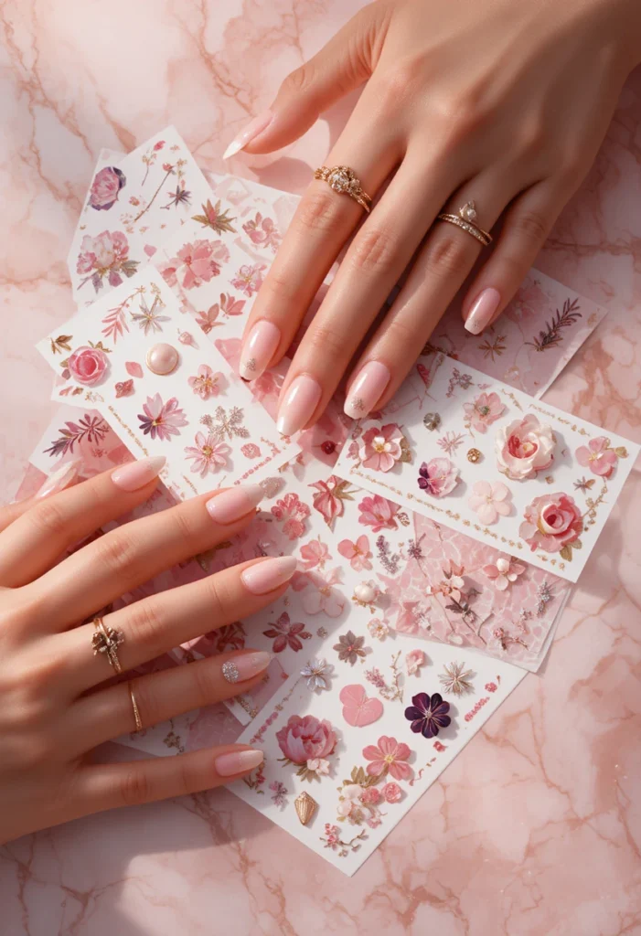 Soft nude marble nail stickers with elegant gold vein details for a luxurious, chic manicure look." Nail Stickers Designs
