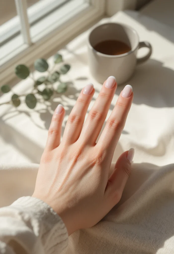Minimalist clean girl nail ideas featuring sheer milky white, glossy glass nails, soft nude tones, and micro french tips for effortless everyday elegance.