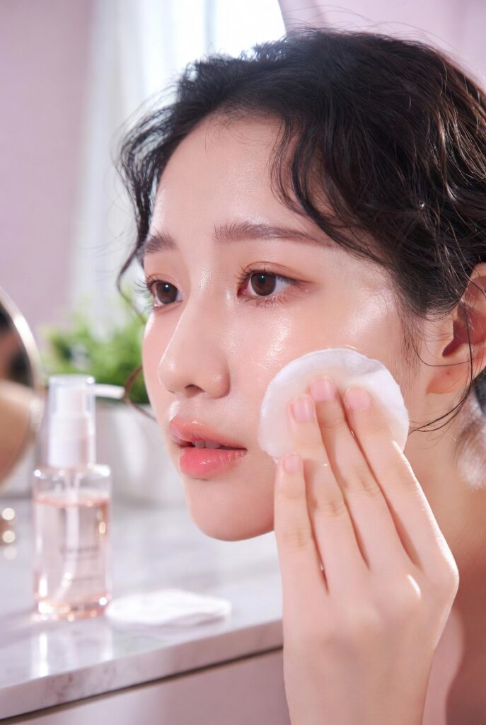 "Woman applying facial toner for balanced, hydrated skin — daily skincare routine for a clear, radiant, and even complexion."