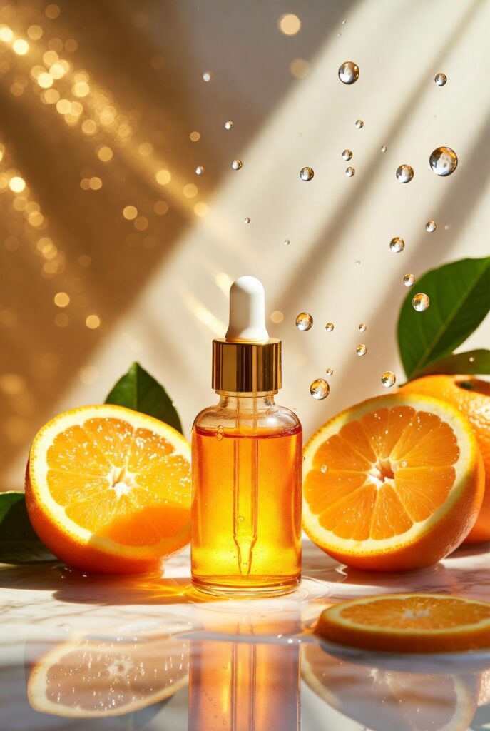 "Vitamin C serum bottle with citrus fruits illustrating skin brightening, anti-aging, and radiant glow benefits for healthy skin"