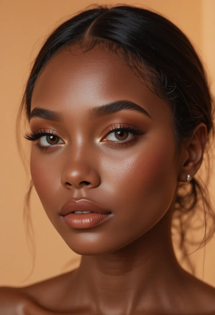 "Dark skin makeup tutorial showing natural, radiant, confidence-boosting makeup look with glowing dewy skin, defined eyes, and enhanced lip color."