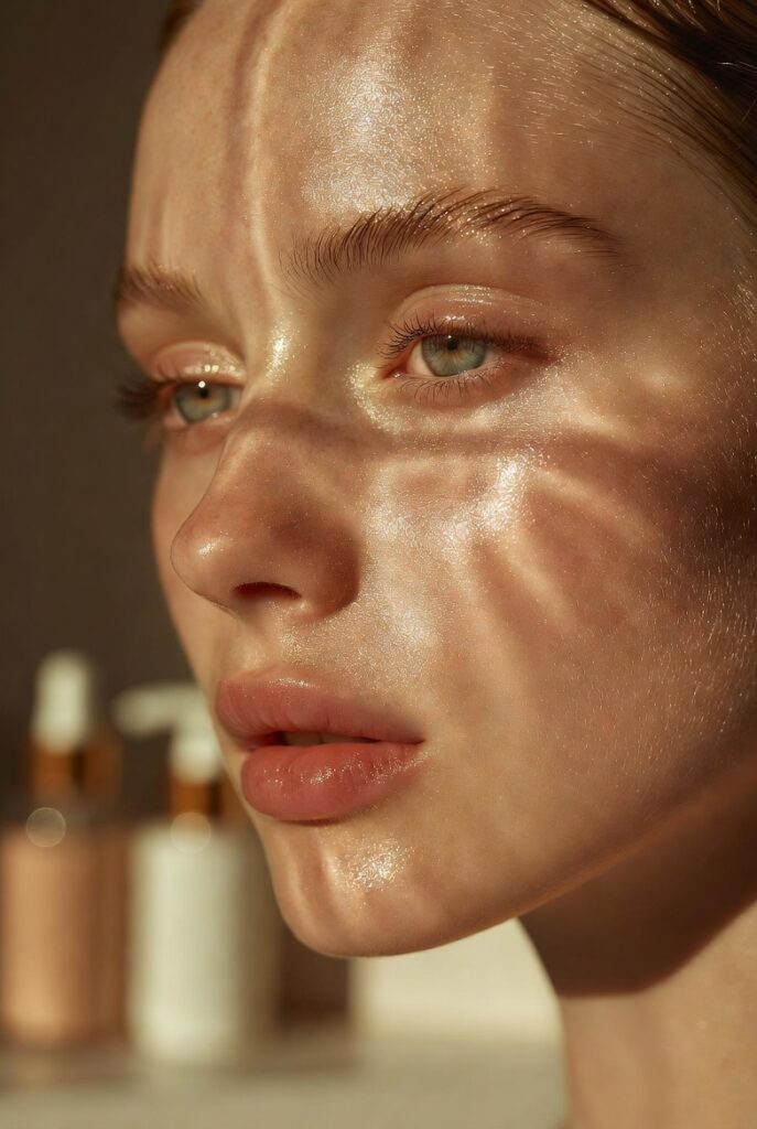 "Woman with flawless glass skin foundation routine showing a luminous, youthful glow and dewy radiant complexion"
